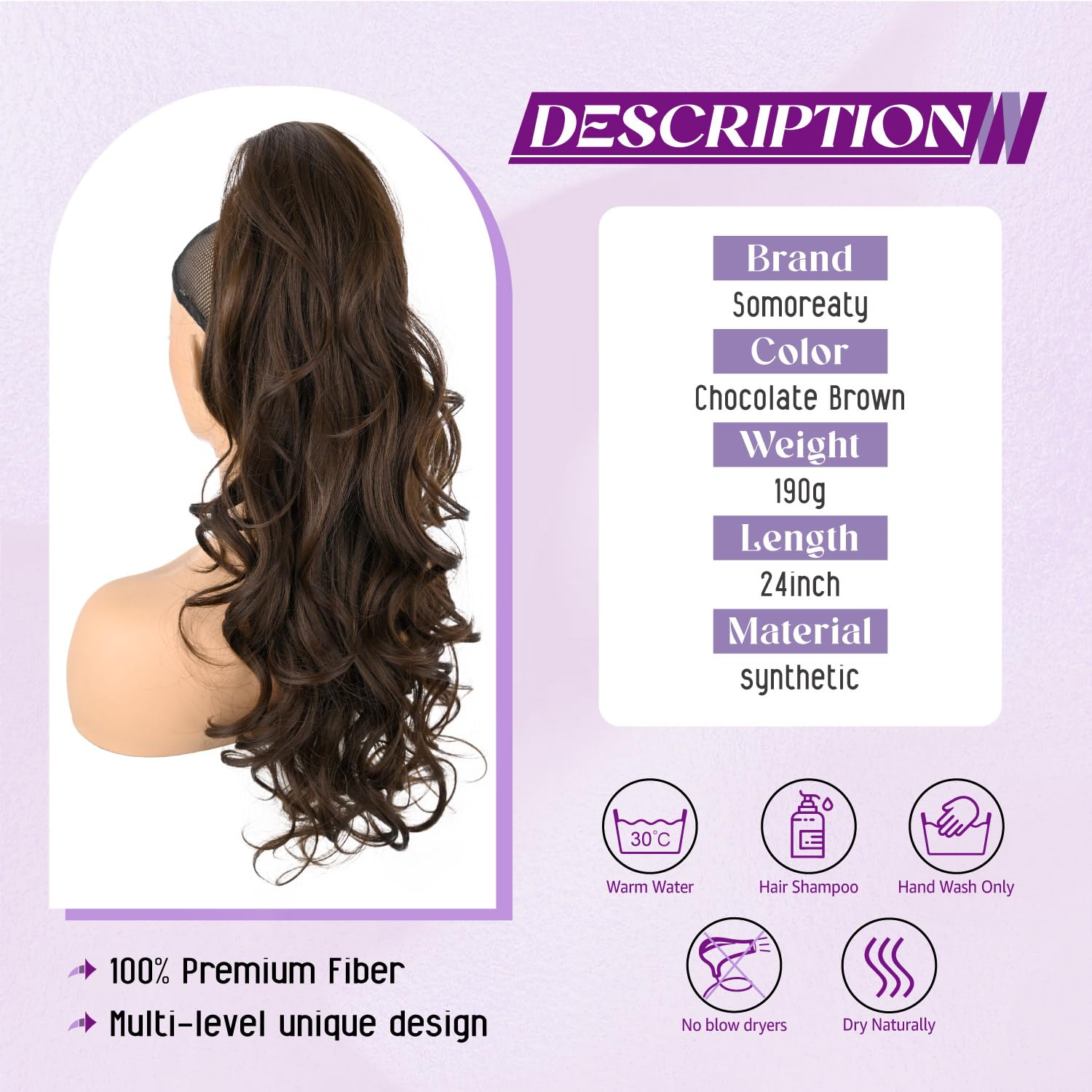 24" Claw Clip Long Curly Wavy Layered Pony Tails Extension