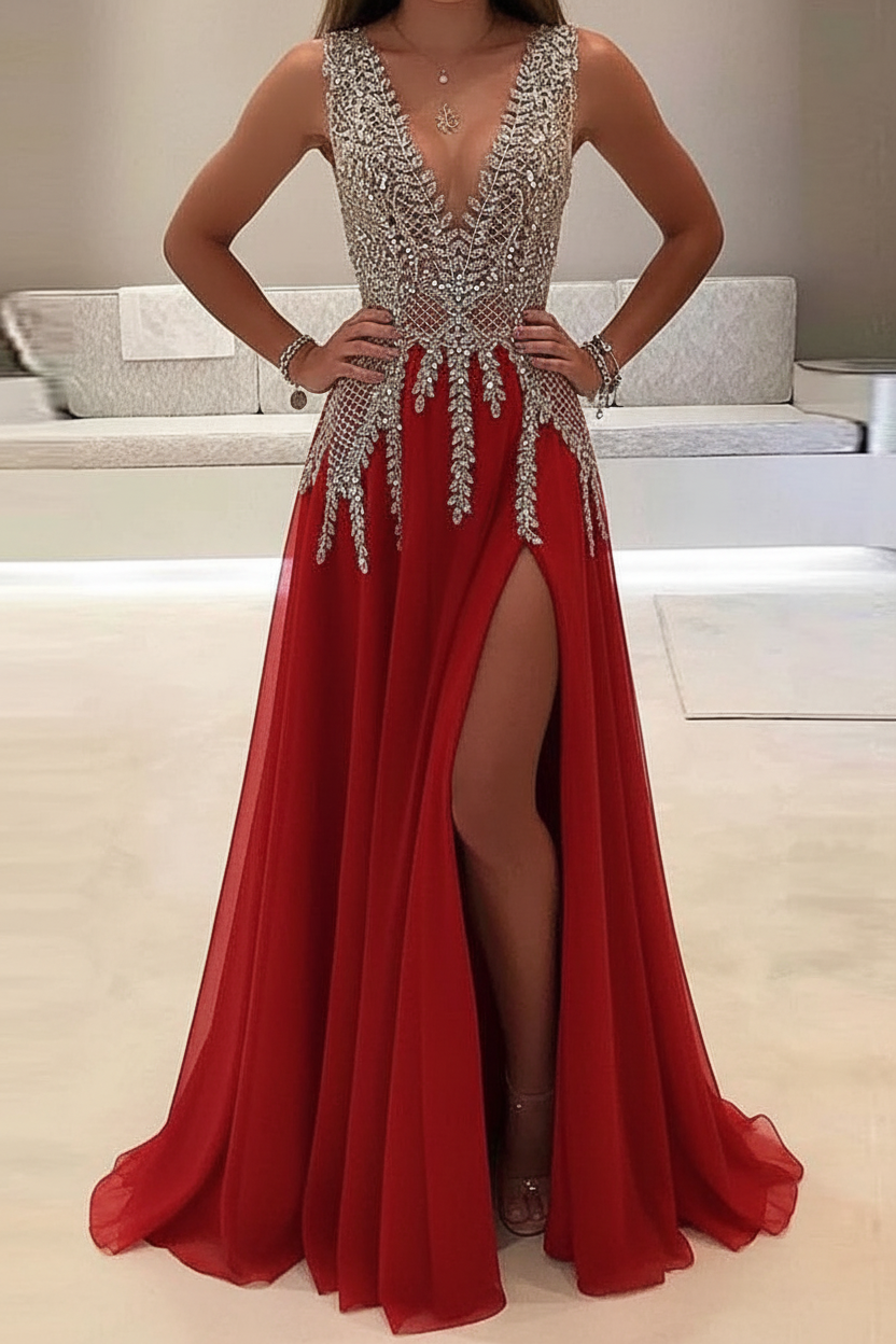 Champagne Abendkleider Lang Günstig V Ausschnitt Tüll Abendmoden Abiballkleider