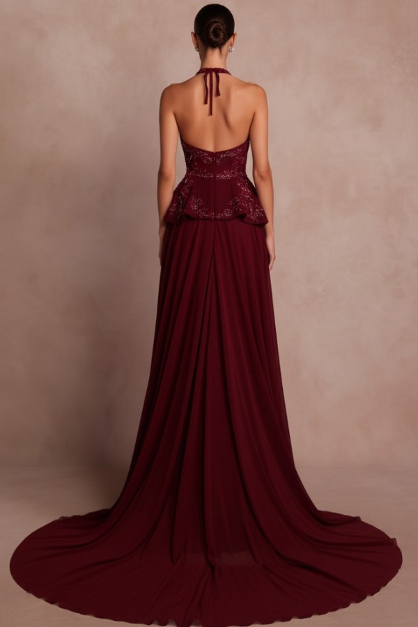 Weinrote Abendkleider Lang Mit Glitzer Chiffon Ballkleider