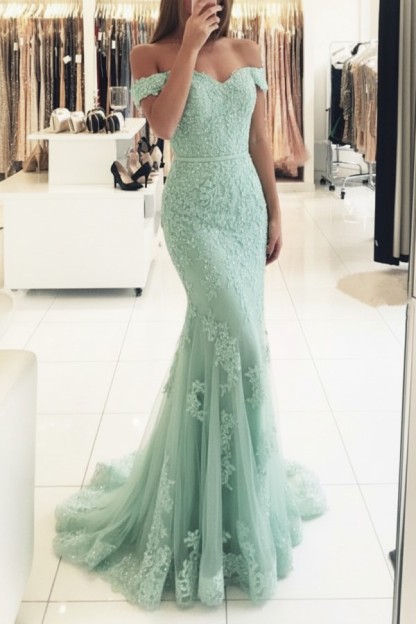 Rot Lange Abendkleider Spitze Perlen Schulterfrei Meerjungfrau Abibllkleider Partykleider BA3809