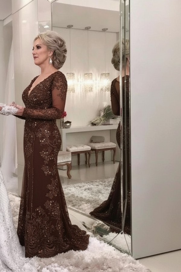 Golden Brautmutterkleider Spitze Mit Ärmel Günstig Abendkleider für Hochzeit Online