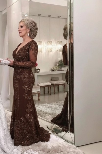 Golden Brautmutterkleider Spitze Mit Ärmel Günstig Abendkleider für Hochzeit Online