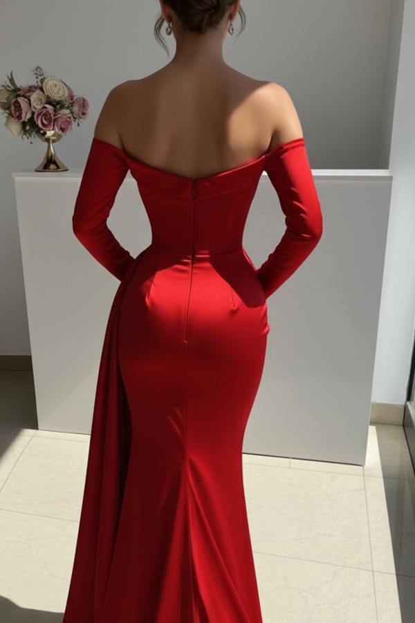 Rotes Abendkleid Lang Schlicht Ballkleider Mit Ärmel