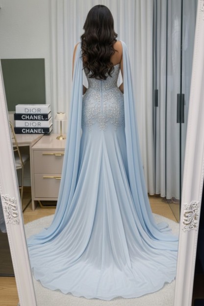 Himmel Blau Abendkleid Lang Mit Spitze Chiffon Ballkleid Günstig