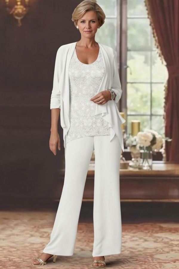Silber Brautmutter Hosenanzug Chiffon Brautmutterkleider mit Spitze