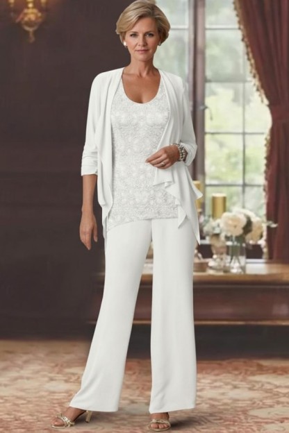 Silber Brautmutter Hosenanzug Chiffon Brautmutterkleider mit Spitze
