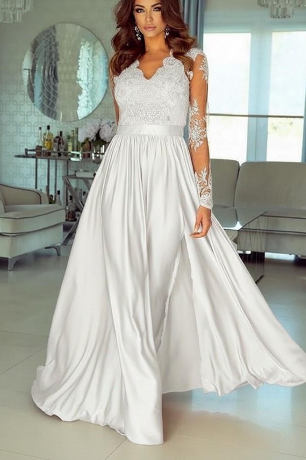 Champagne Abendkleider Lang Mit Ärmel Spitze Abendmoden Günstig