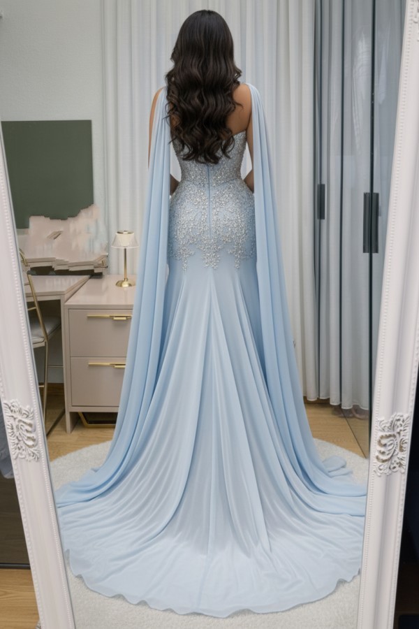 Himmel Blau Abendkleid Lang Mit Spitze Chiffon Ballkleid Günstig