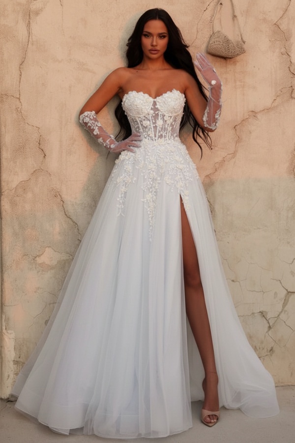 Himmel Blaues Abendkleid Lang Spitze Ballkleid Abendmoden Online