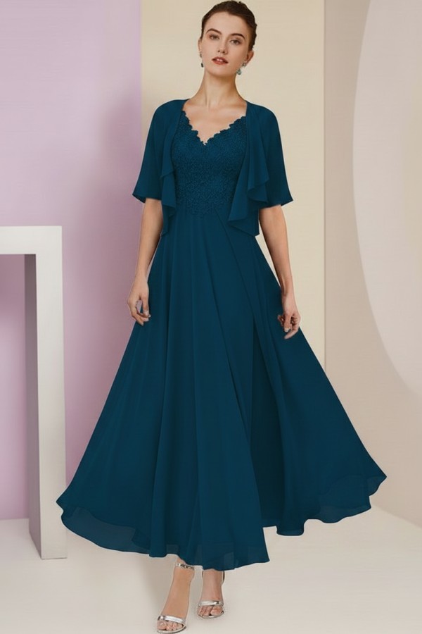 Elegant Rosa Brautmutterkleider Chiffon | Mutterkleider mit V-Ausschnitt