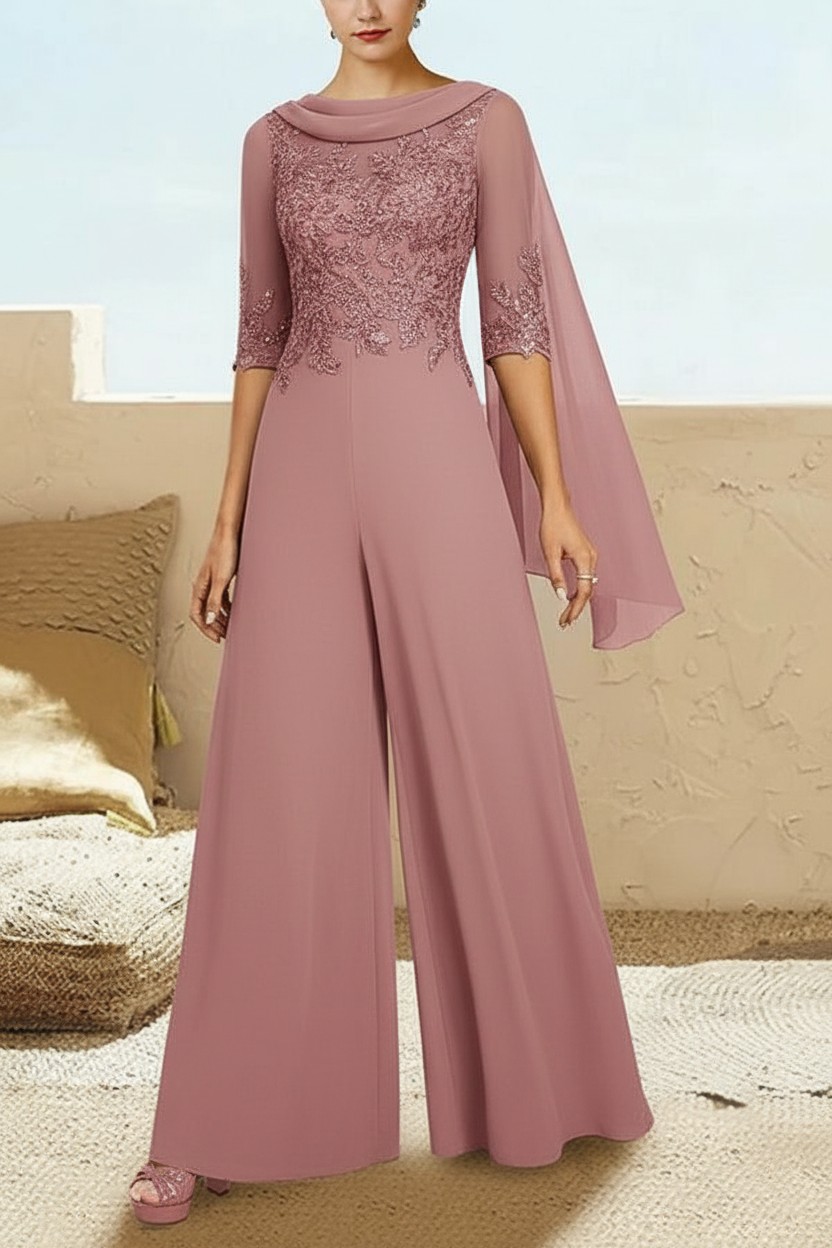 Navy Blau Jumpsuit Hosenanzüge Lang Chiffon Brautmutterkleider mit Ärmel