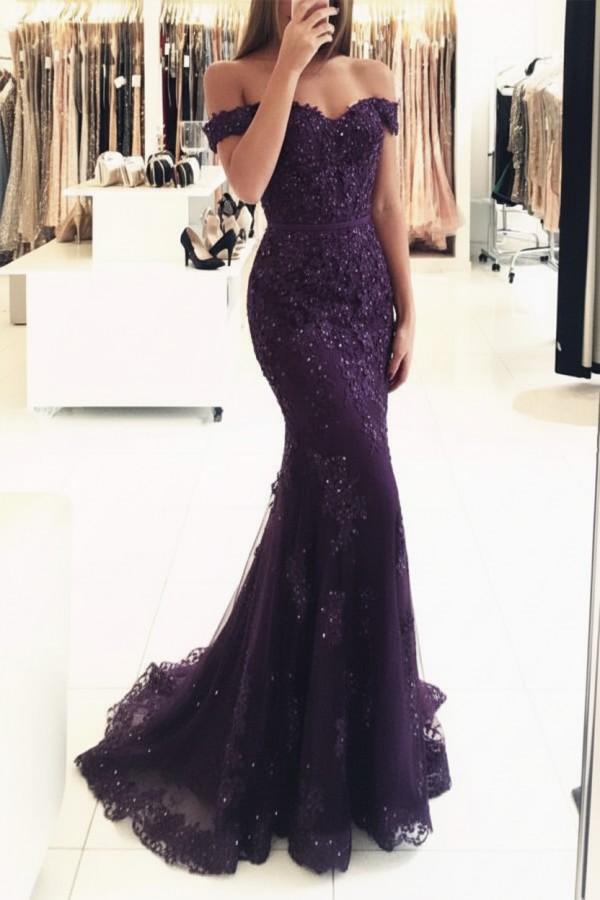 Rot Lange Abendkleider Spitze Perlen Schulterfrei Meerjungfrau Abibllkleider Partykleider BA3809