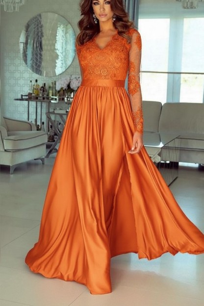 Champagne Abendkleider Lang Mit Ärmel Spitze Abendmoden Günstig