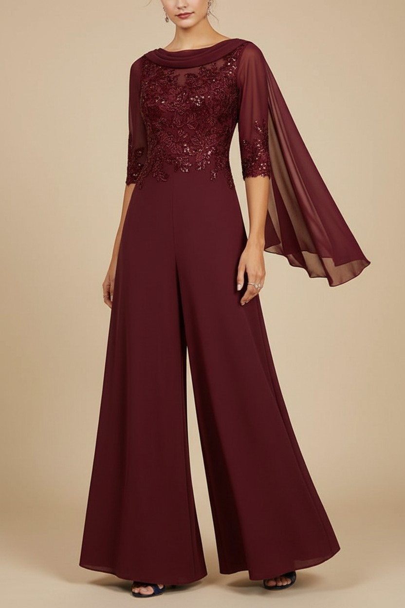 Navy Blau Jumpsuit Hosenanzüge Lang Chiffon Brautmutterkleider mit Ärmel