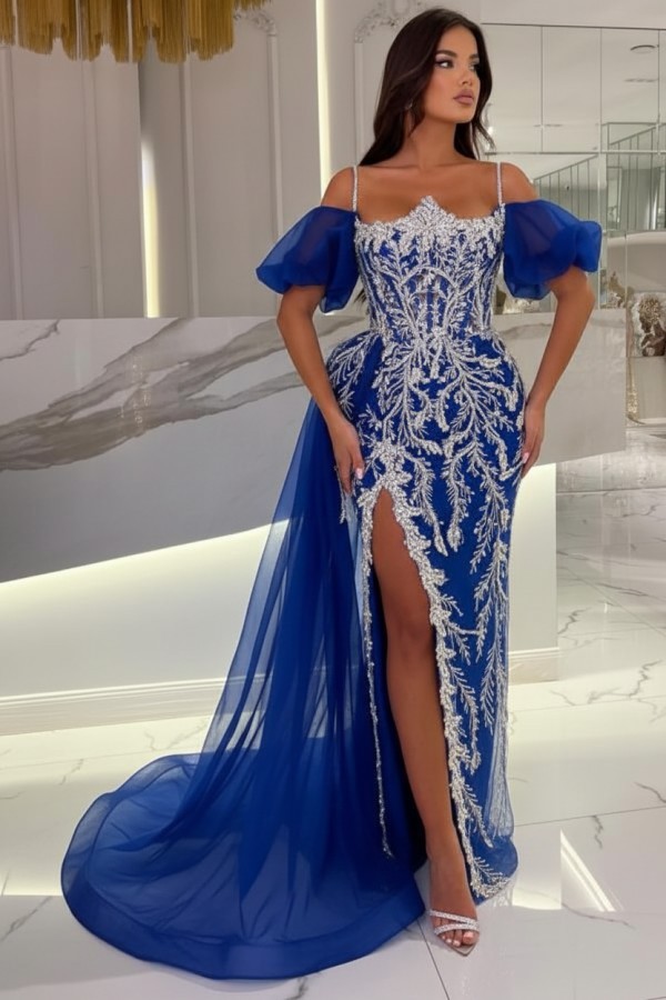 Himmel Blaue Abendkleider Lang Glitzer | Abiballkleider mit Spitze