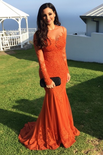 Schwarz Abendkleider Lang Ärmel Spitze Meerjungfrau Abendmoden Partykleider