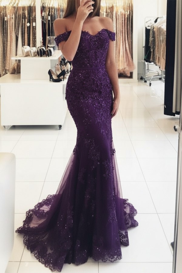 Rot Lange Abendkleider Spitze Perlen Schulterfrei Meerjungfrau Abibllkleider Partykleider BA3809