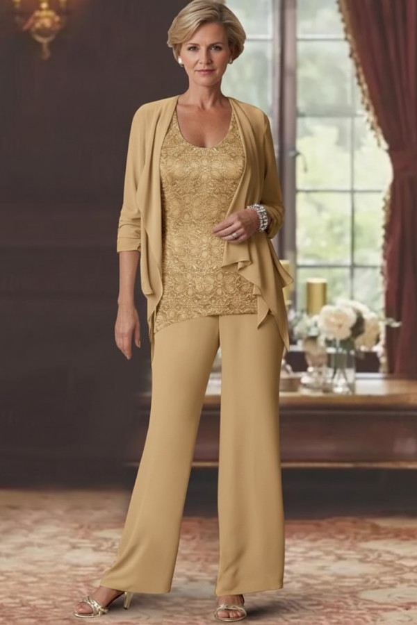 Silber Brautmutter Hosenanzug Chiffon Brautmutterkleider mit Spitze