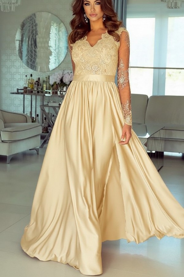 Champagne Abendkleider Lang Mit Ärmel Spitze Abendmoden Günstig