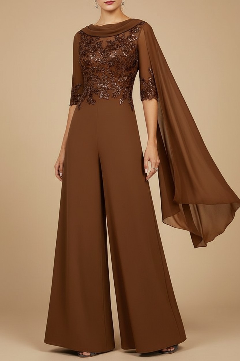 Navy Blau Jumpsuit Hosenanzüge Lang Chiffon Brautmutterkleider mit Ärmel