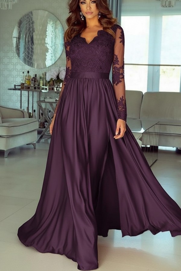 Champagne Abendkleider Lang Mit Ärmel Spitze Abendmoden Günstig