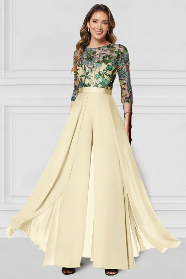 Festliche Hosenanzüge Lang Glitzer | Chiffon Schwarz Brautmutterkleider mit Ärmel