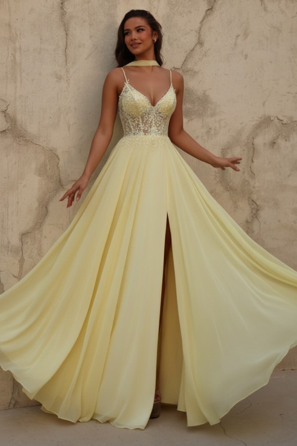 Neue Chiffon Ballkleid Lang Gelb Abendkleider mit Spitze