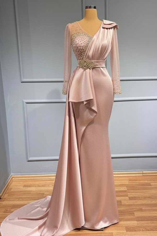 Olive Grün Abendkleider Lang Glitzer | Abiballkleider mit Ärmel