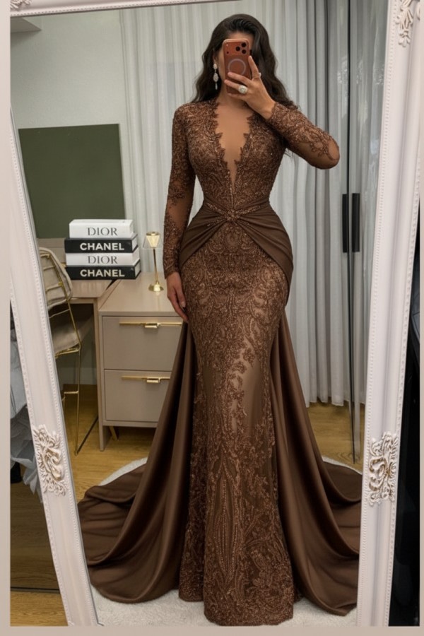 Wunderschöne Abendkleider Lang Spitze Abiballkleider mit Ärmel