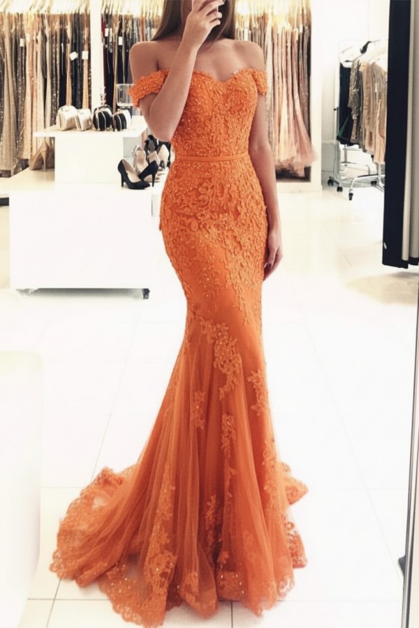 Rot Lange Abendkleider Spitze Perlen Schulterfrei Meerjungfrau Abibllkleider Partykleider BA3809