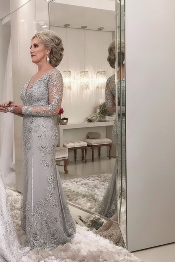 Golden Brautmutterkleider Spitze Mit Ärmel Günstig Abendkleider für Hochzeit Online