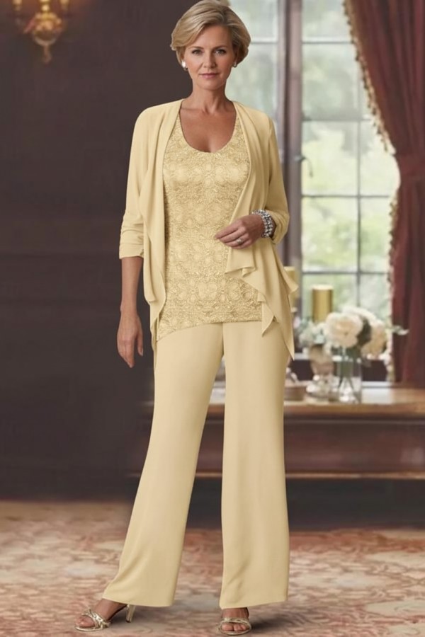 Silber Brautmutter Hosenanzug Chiffon Brautmutterkleider mit Spitze