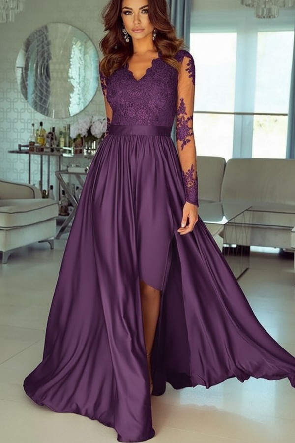 Champagne Abendkleider Lang Mit Ärmel Spitze Abendmoden Günstig