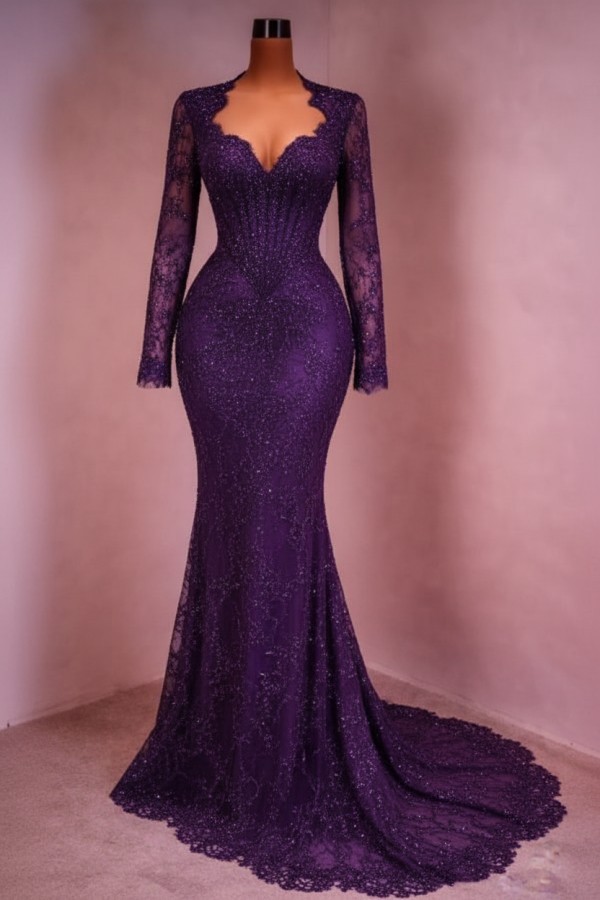 Designer Abendkleid Lang Weinrot Ballkleid Spitze Mit Ärmel