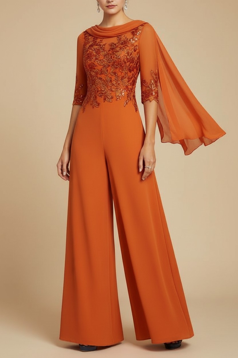 Navy Blau Jumpsuit Hosenanzüge Lang Chiffon Brautmutterkleider mit Ärmel