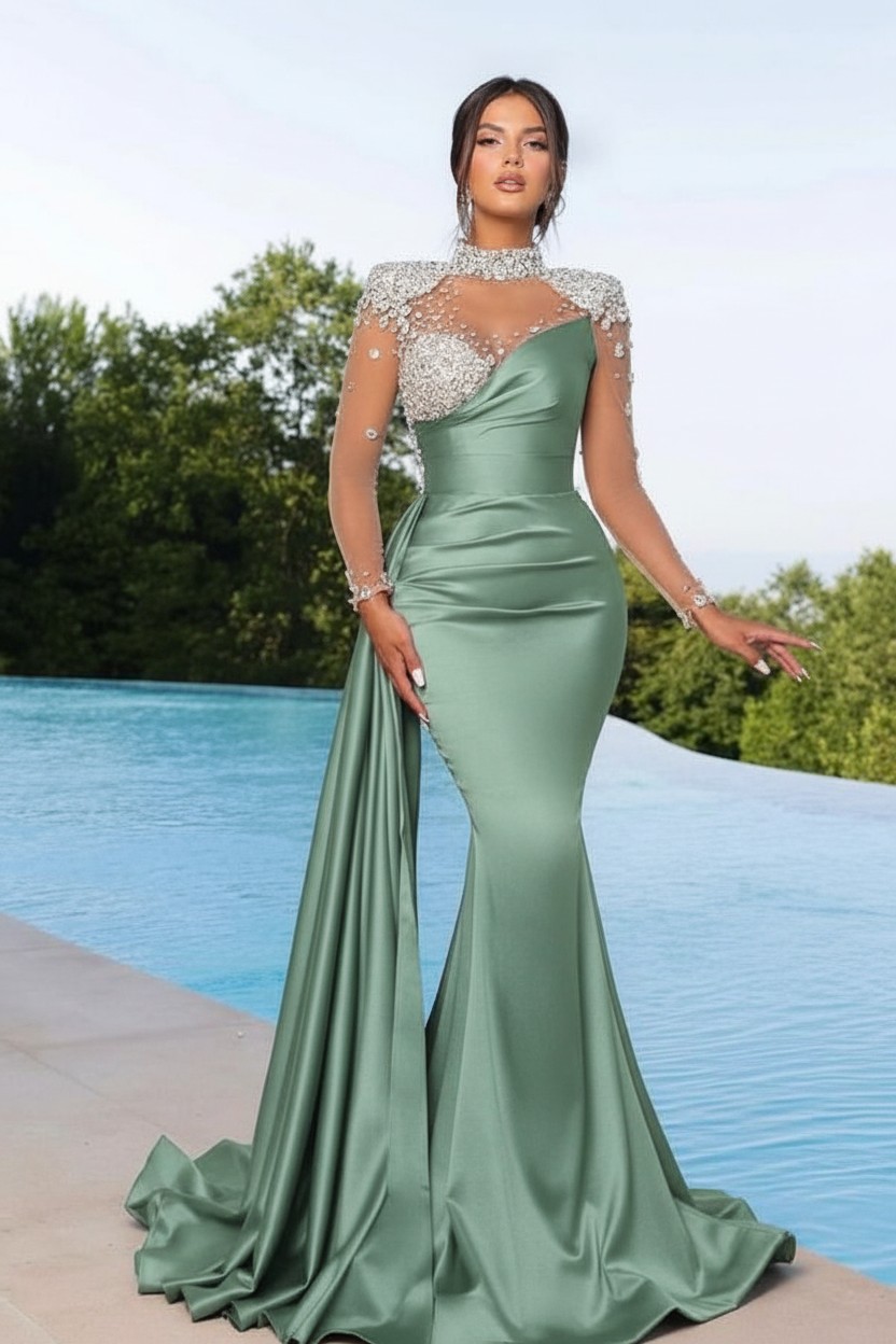 Designer Abendkleider Lang Grün | Abiballkleider mit Ärmel