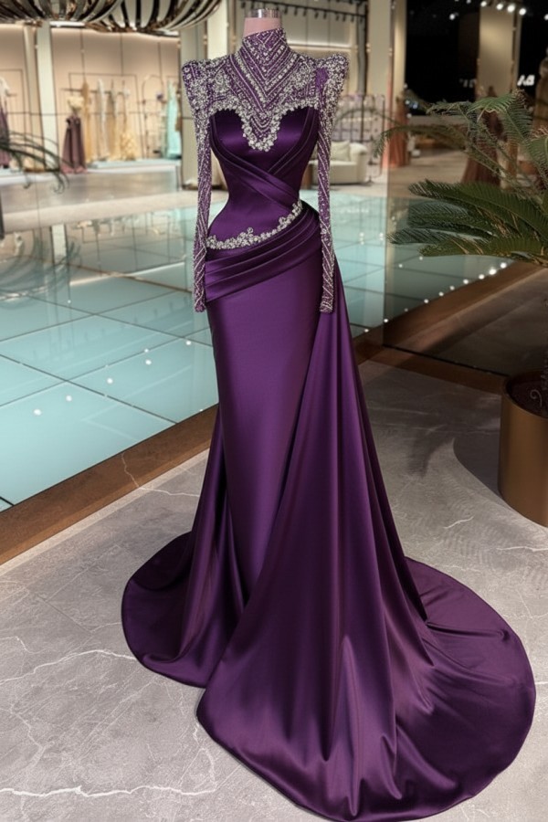 Schöne Abendkleider Lang Glitzer Lila Ballkleider mit Ärmel