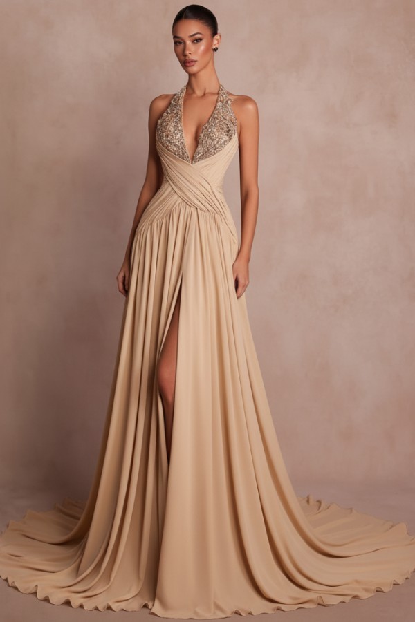 Schlichte Abendkleider Lang V Ausschnitt Chiffon Ballkleider mit Glitzer