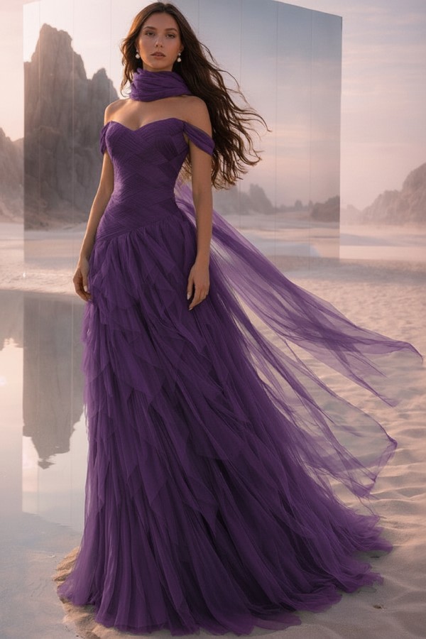  Tintenblau Abendkleider Lang Tüll Ballkleider Abiballkleider Online