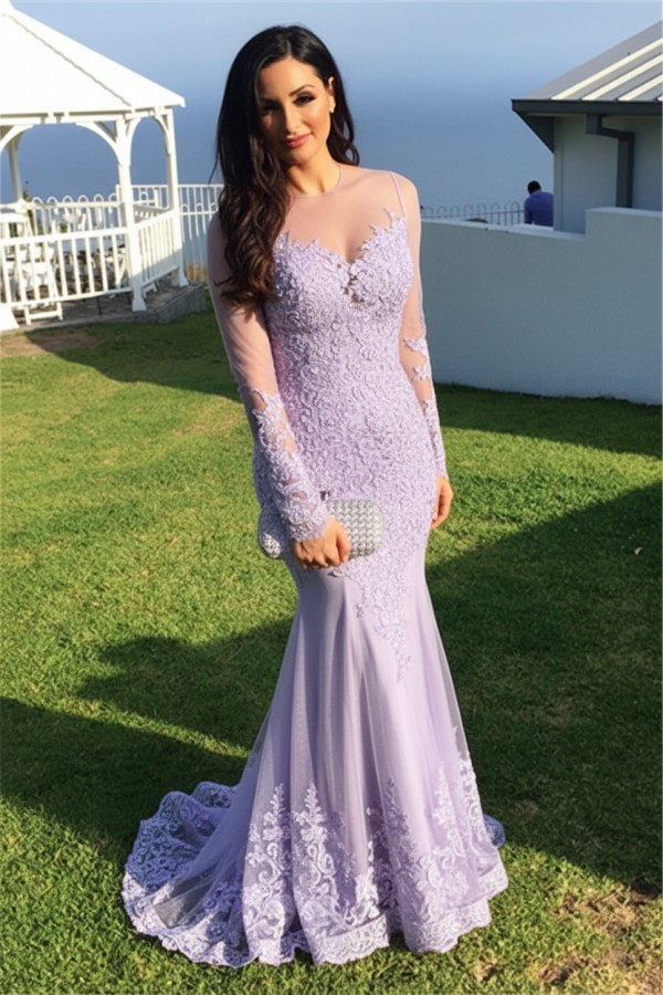 Schwarz Abendkleider Lang Ärmel Spitze Meerjungfrau Abendmoden Partykleider