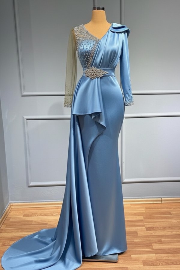 Olive Grün Abendkleider Lang Glitzer | Abiballkleider mit Ärmel