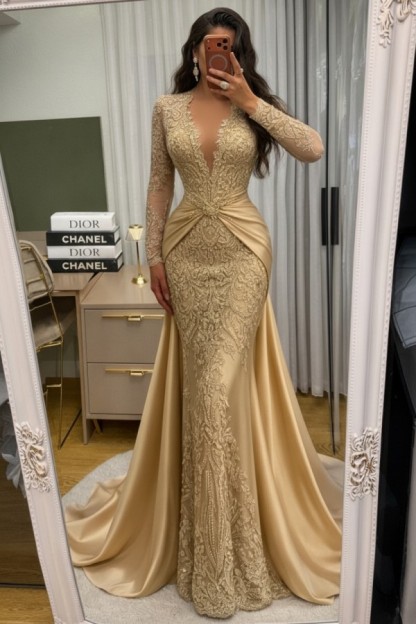 Wunderschöne Abendkleider Lang Spitze Abiballkleider mit Ärmel