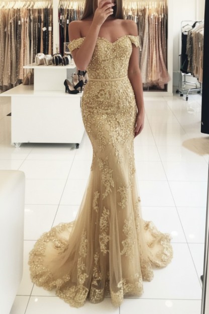 Rot Lange Abendkleider Spitze Perlen Schulterfrei Meerjungfrau Abibllkleider Partykleider BA3809