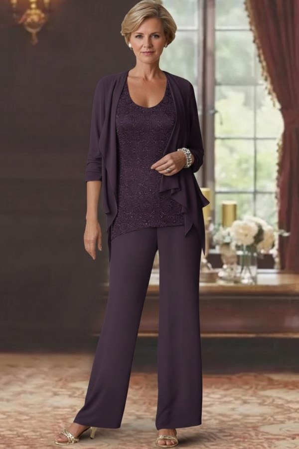 Silber Brautmutter Hosenanzug Chiffon Brautmutterkleider mit Spitze