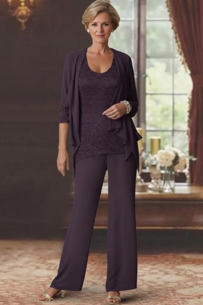 Silber Brautmutter Hosenanzug Chiffon Brautmutterkleider mit Spitze