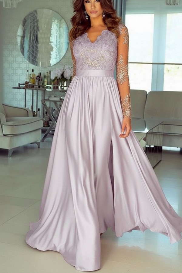 Champagne Abendkleider Lang Mit Ärmel Spitze Abendmoden Günstig