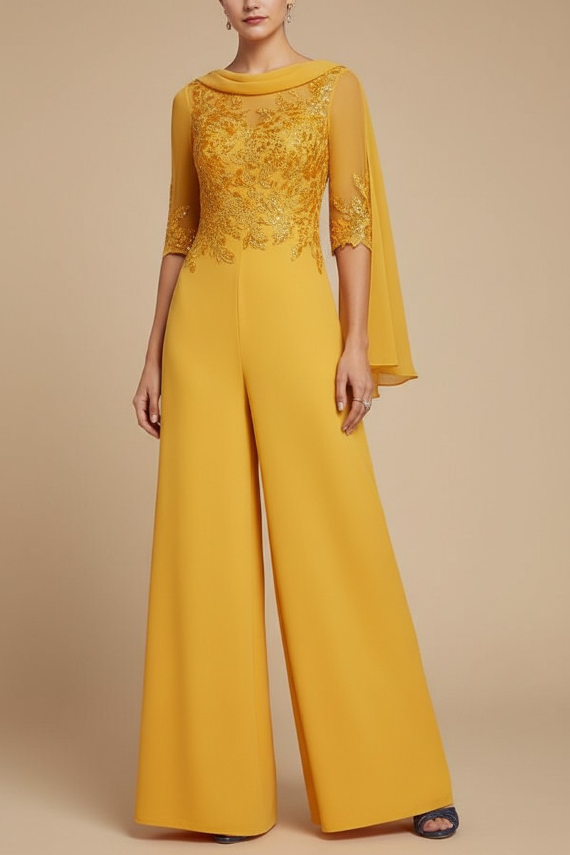 Navy Blau Jumpsuit Hosenanzüge Lang Chiffon Brautmutterkleider mit Ärmel