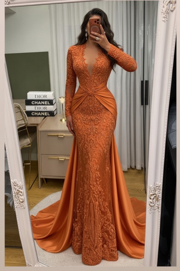 Wunderschöne Abendkleider Lang Spitze Abiballkleider mit Ärmel