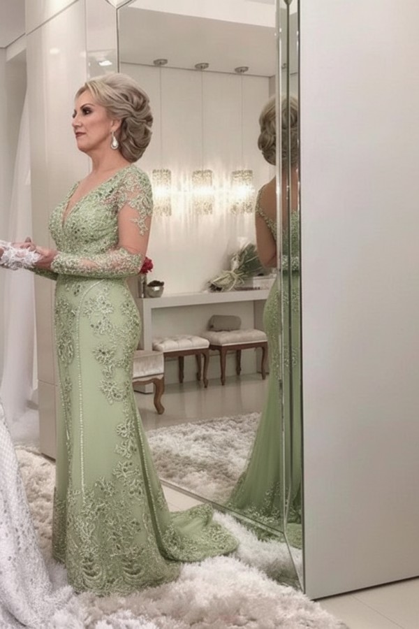 Golden Brautmutterkleider Spitze Mit Ärmel Günstig Abendkleider für Hochzeit Online