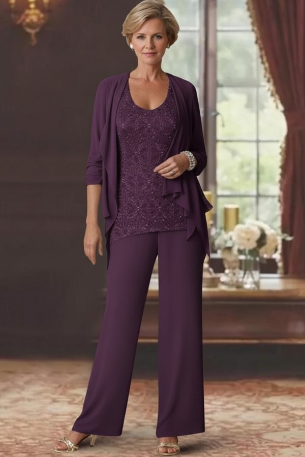 Silber Brautmutter Hosenanzug Chiffon Brautmutterkleider mit Spitze